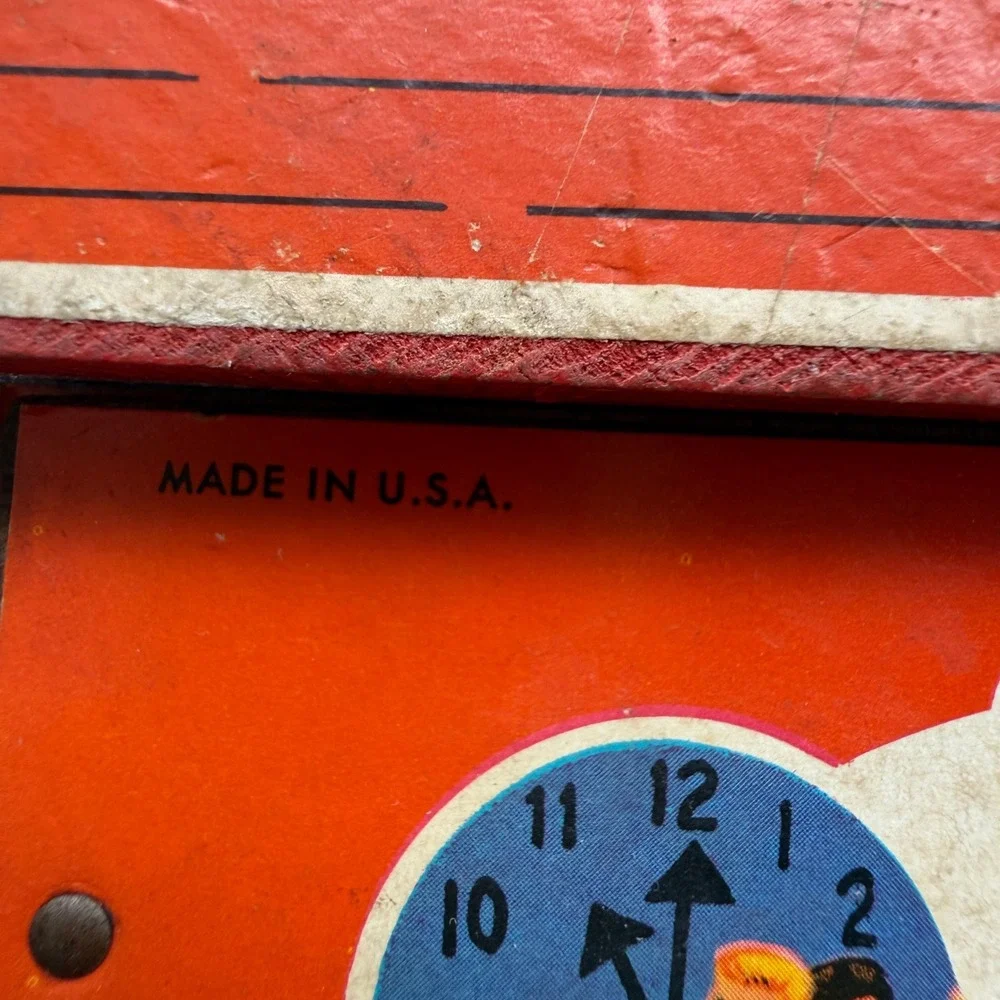 Vintage 1968 Fisher Price 998 Music Box Teaching Clock Kids Red Wood Toy TESTED
